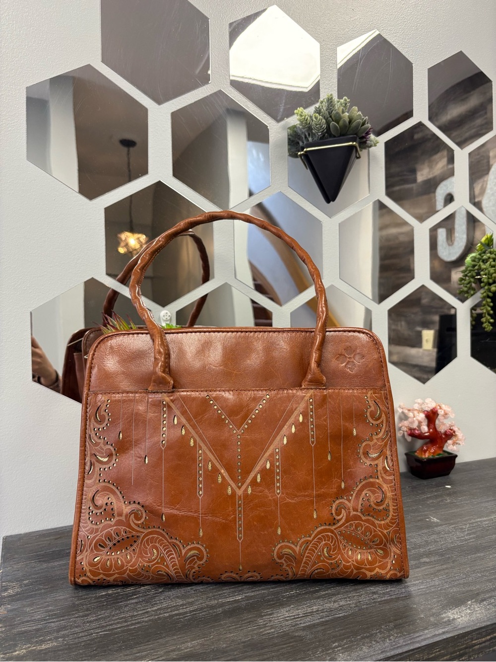 Patricia Nash Cognac Embossed Leather Satchel with Stud Accents